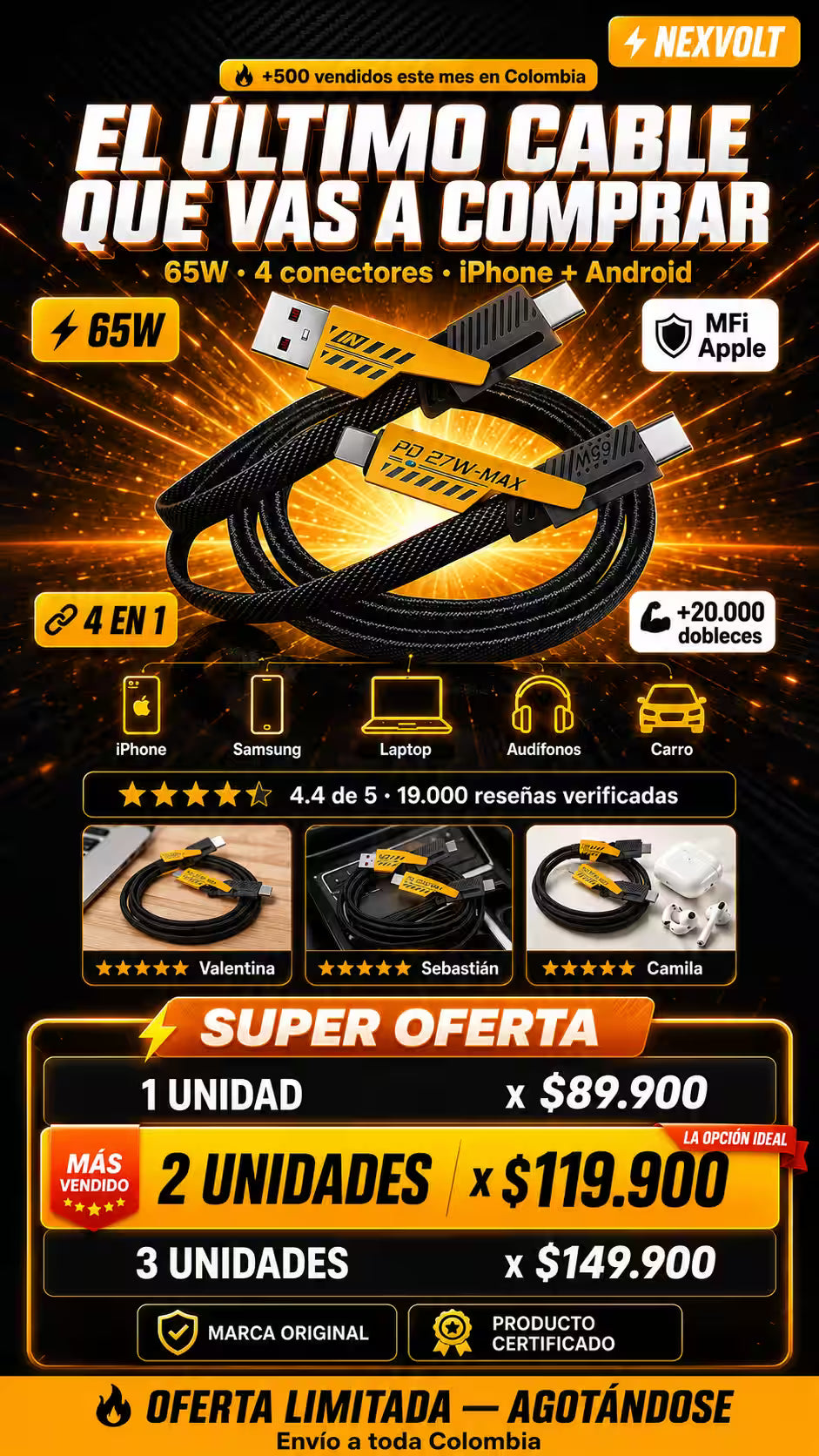 Carga todo en minutos. No en horas con NEXVOLT. *Deja de botar plata en cables baratos que duran meses