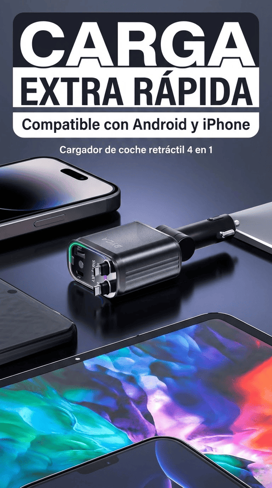 Starlight - Cargador retráctil para automóvil con cables retráctiles, 4 en 1, cargador USB C súper rápido