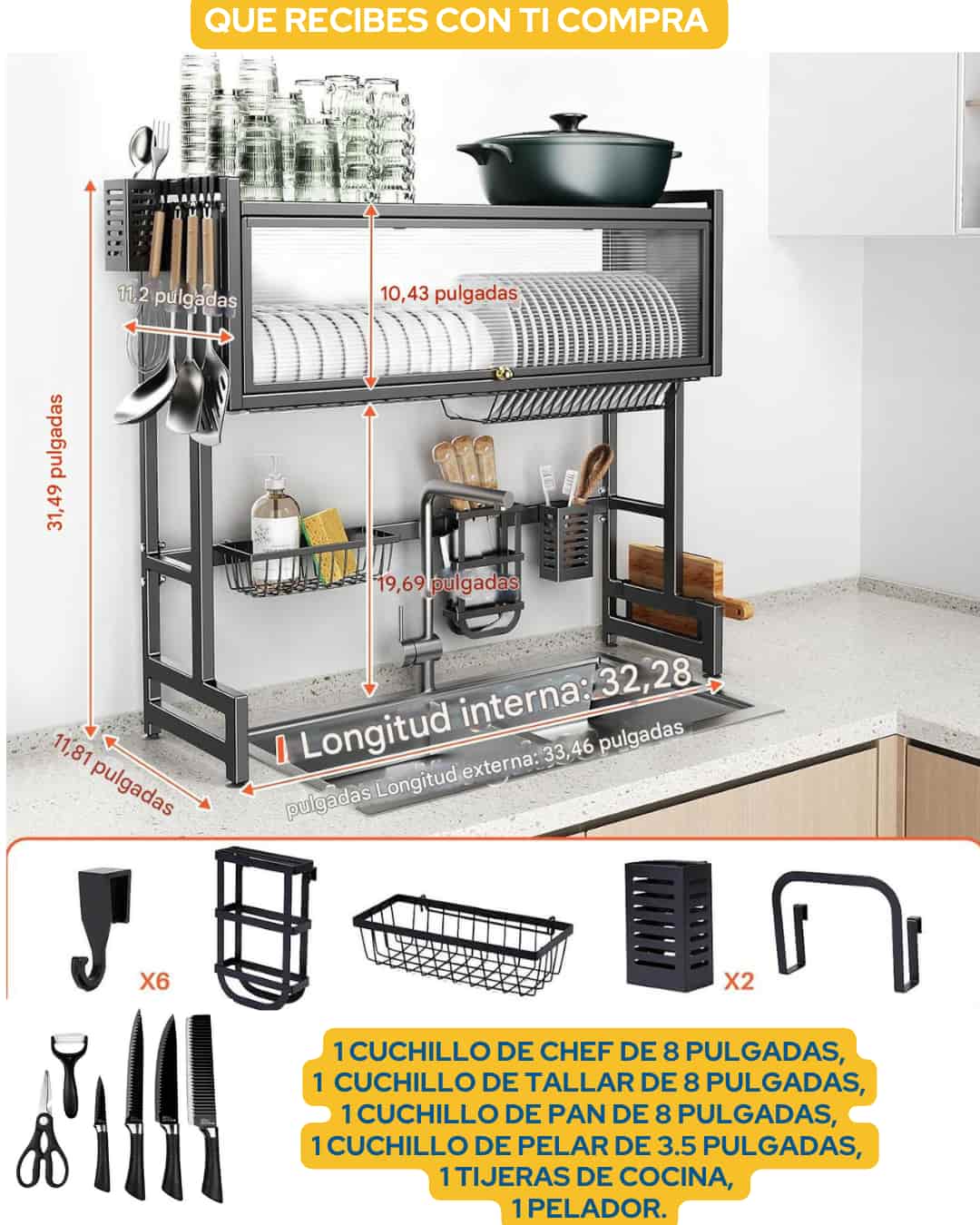 VitraRack® ESCURRIDOR DE LUJO 3 NIVELES CON TAPA +SET DE CUCHILLOS X 6 PIEZAS