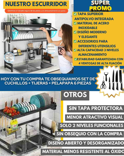 VitraRack® ESCURRIDOR DE LUJO 3 NIVELES CON TAPA +SET DE CUCHILLOS X 6 PIEZAS