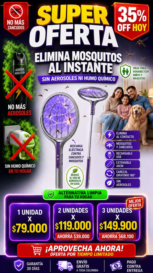 Raqueta electrica- Extensible hasta 40cm de altura sin quimicos sin olores sin contaminar