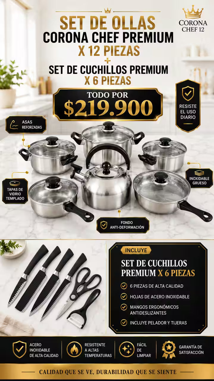 SUPER OFERTA SOLO 200 COMBOS DISPONIBLES 🙈 ¡Estrena con CORONA CHEF 12 piezas + set de cuchillos x 6 piezas