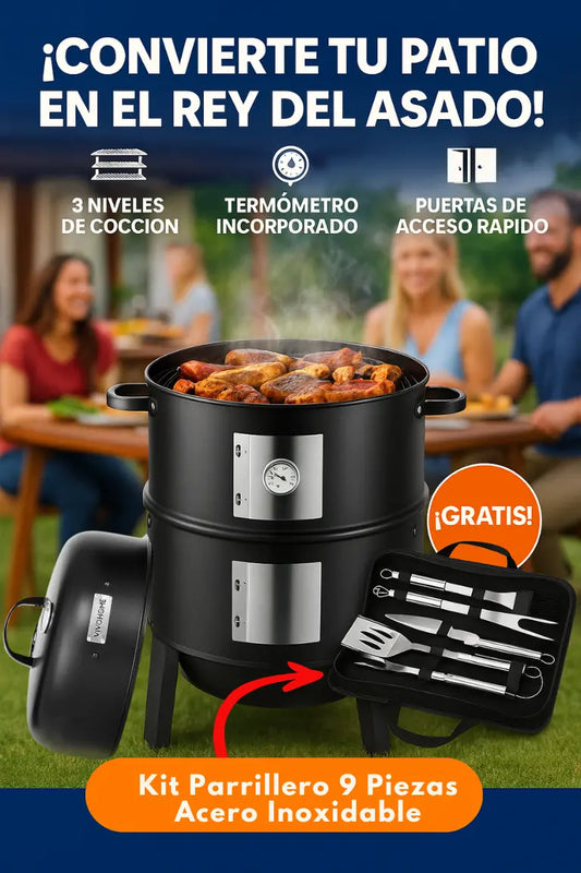 VIVOHOME Barril asador, Ahumador vertical de carbón 3 en 1 HOY GRATIS KIT PARRILLERO X 9 PIEZAS